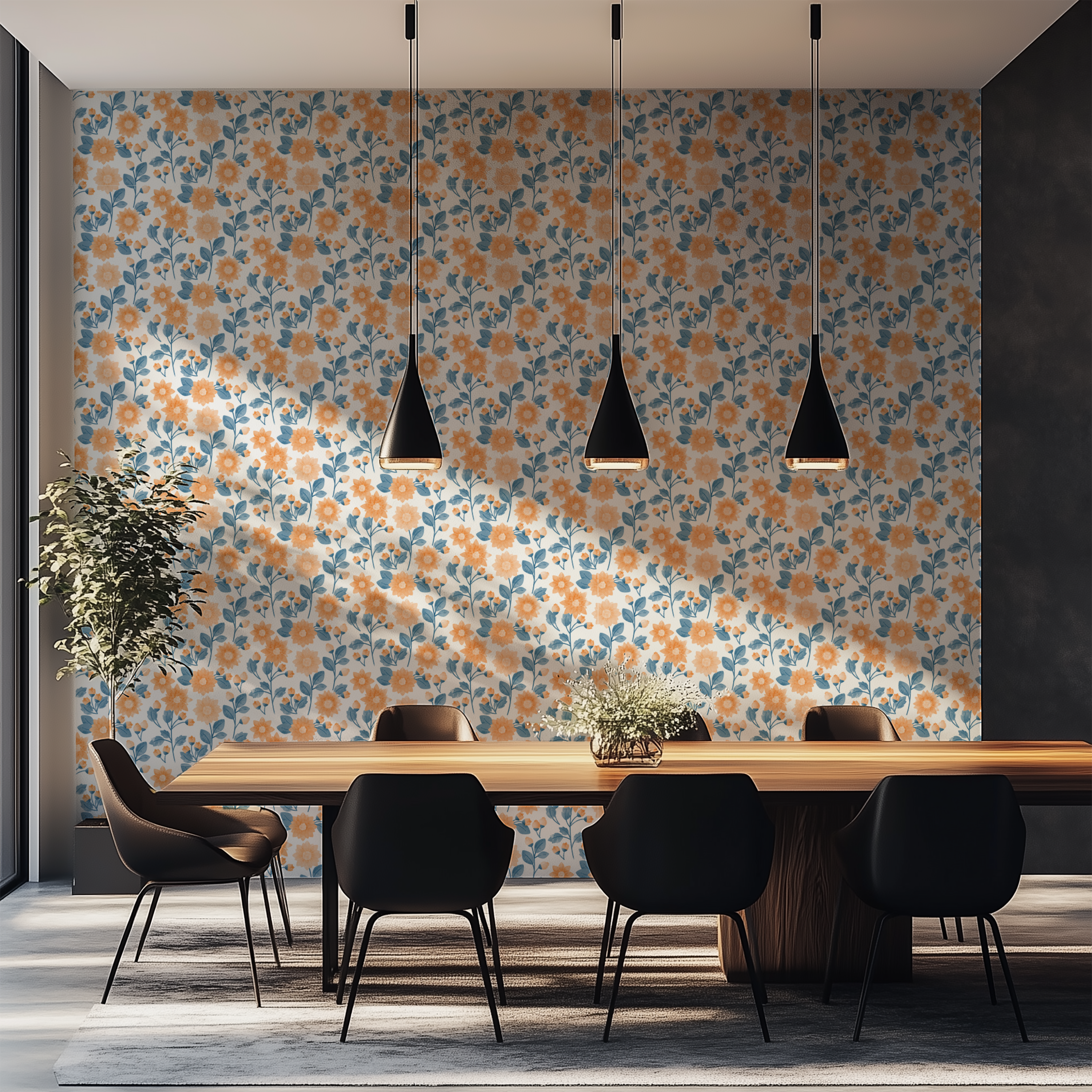 Vintage daisy wallpaper featuring peach flowers and soft blue botanical vines.