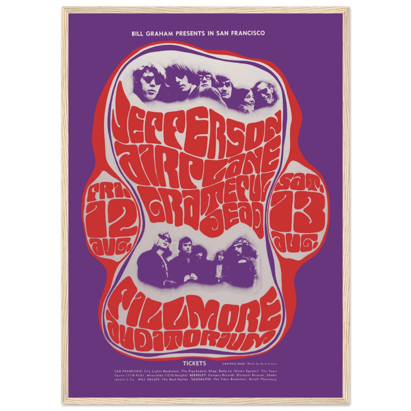Vintage 1960s Fillmore Auditorium concert poster in red and purple with Jefferson Airplane and Grateful Dead — classic rock art print.
