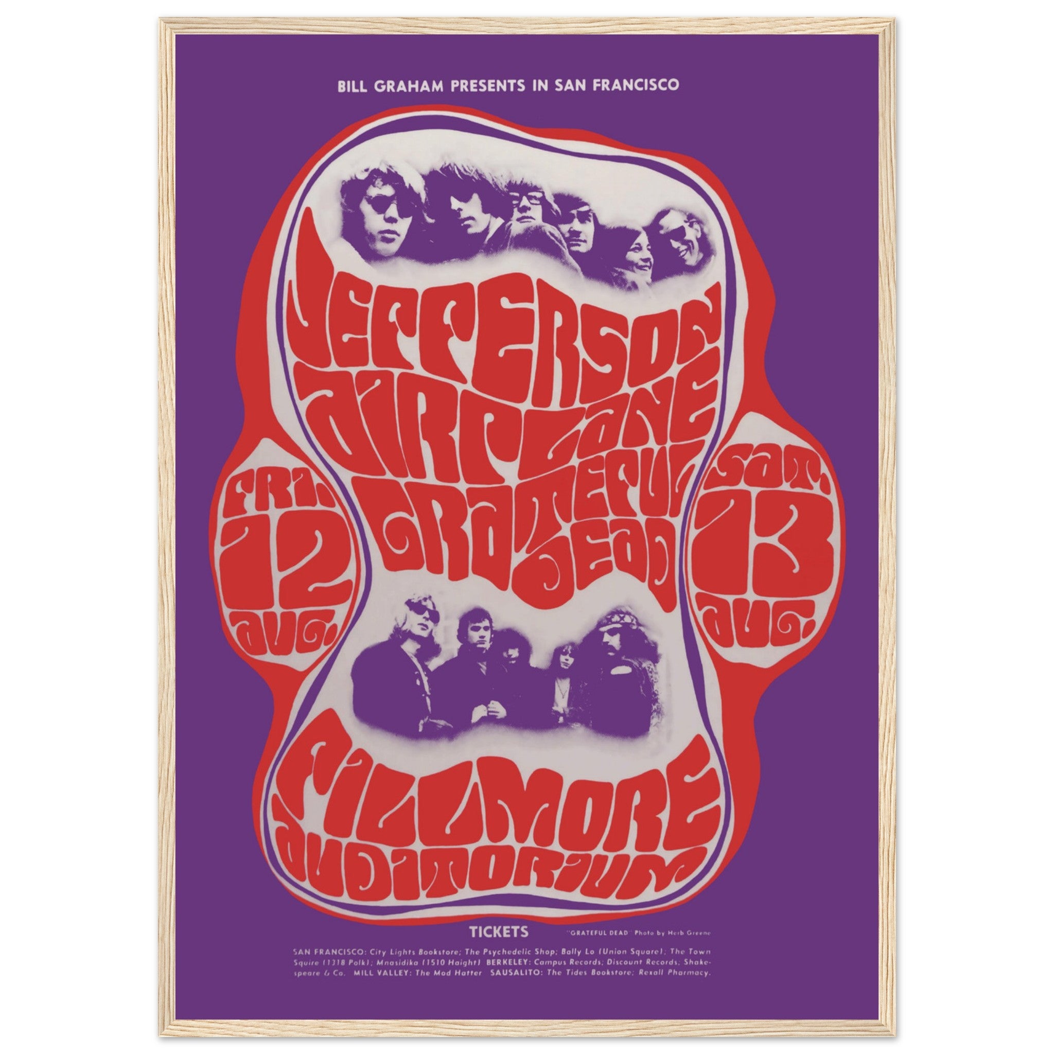 Vintage 1960s Fillmore Auditorium concert poster in red and purple with Jefferson Airplane and Grateful Dead — classic rock art print.