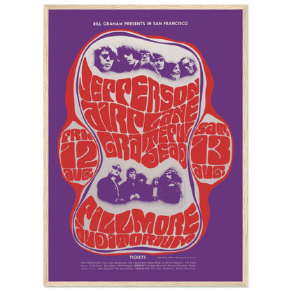 Vintage 1960s Fillmore Auditorium concert poster in red and purple with Jefferson Airplane and Grateful Dead — classic rock art print.