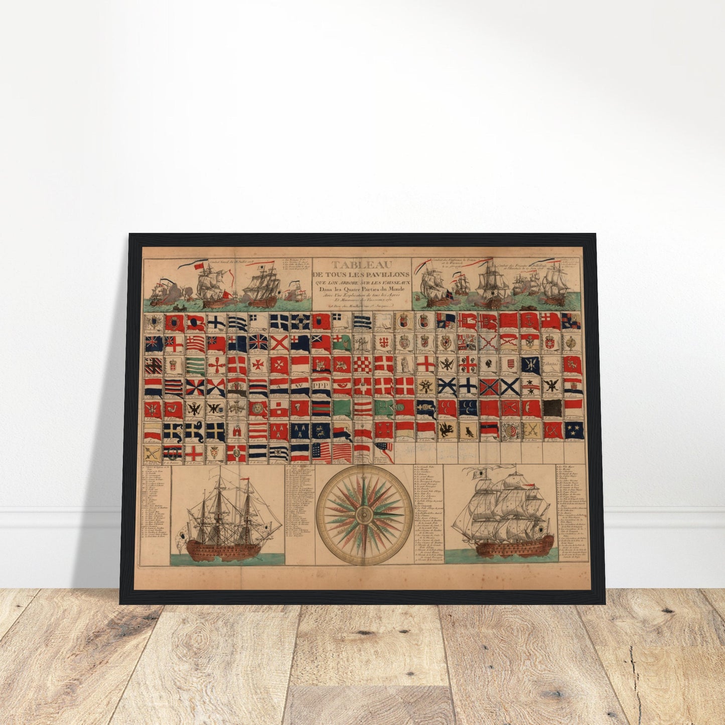 Antique French naval flags chart poster featuring 18th-century maritime designs and ships. Perfect wall art for sailors, cartography lovers, and nautical home decor.