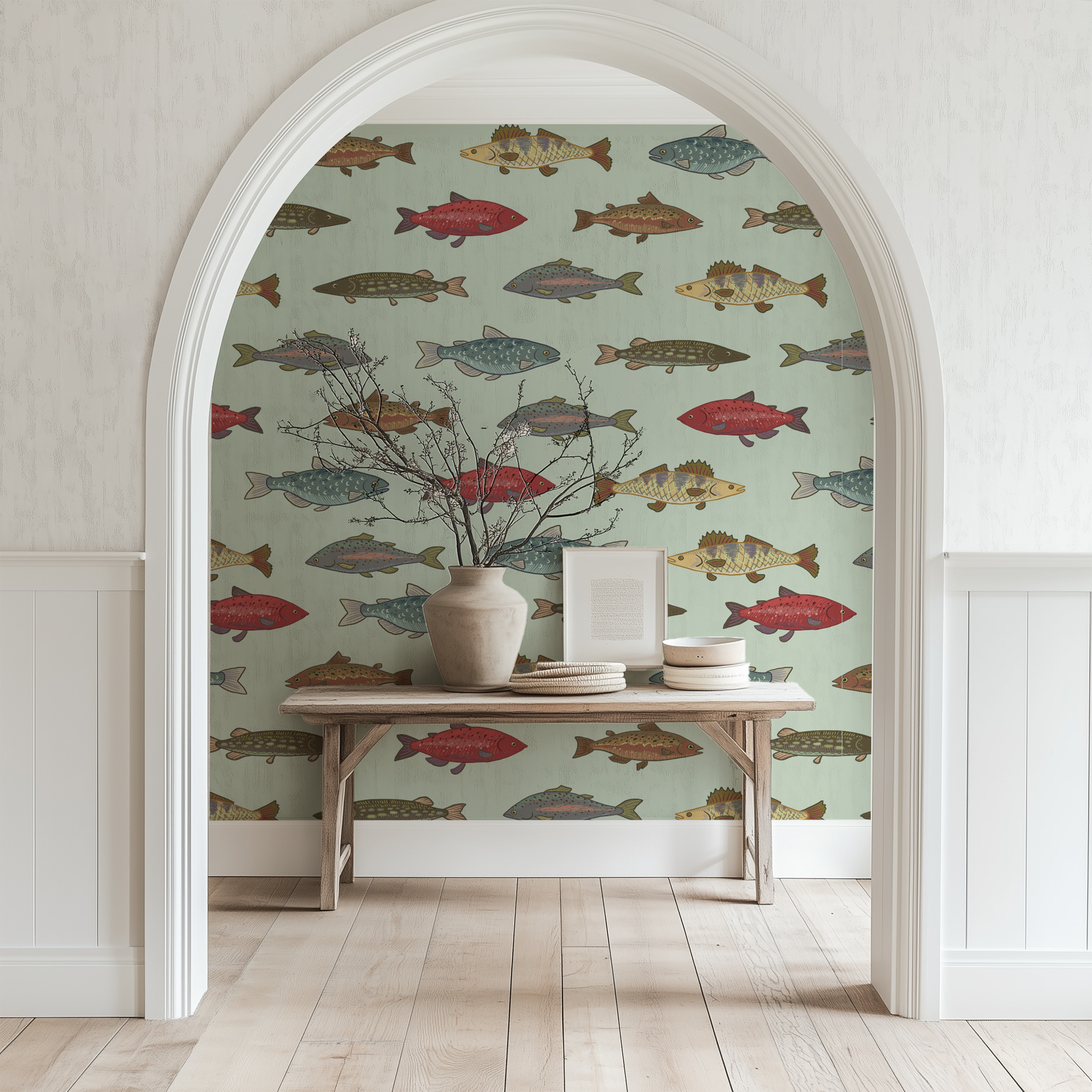 Vintage freshwater fish wallpaper, illustrated fish wallpaper, wildlife wallpaper, nature wallpaper, fishing wallpaper, sage green wallpaper