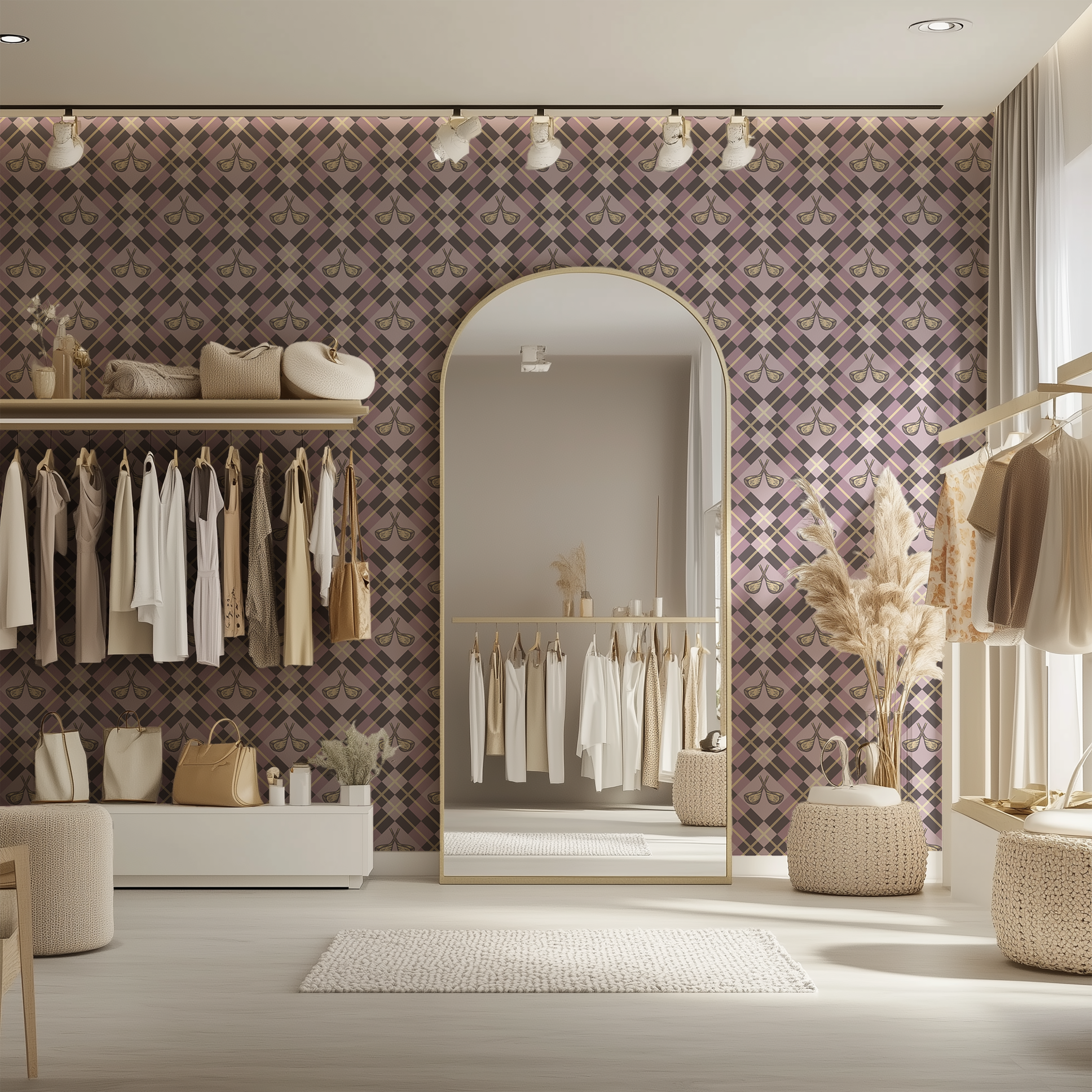 Vintage golf club wallpaper in mauve taupe and cream tones