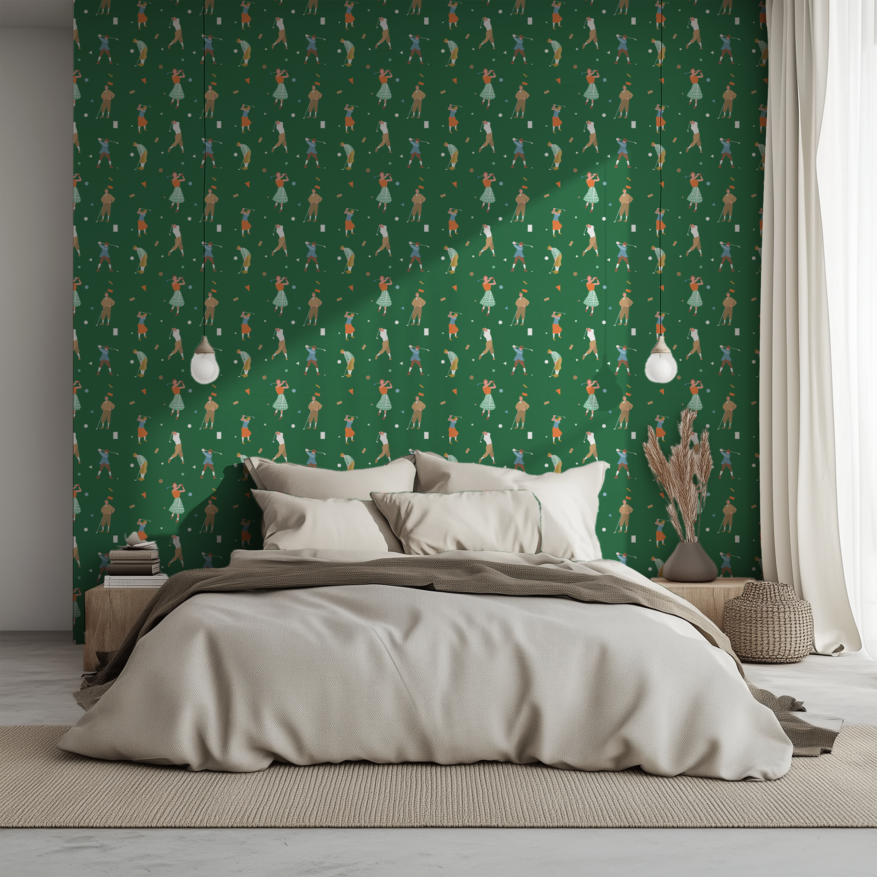 Vintage golf wallpaper with illustrated golfers on green background
