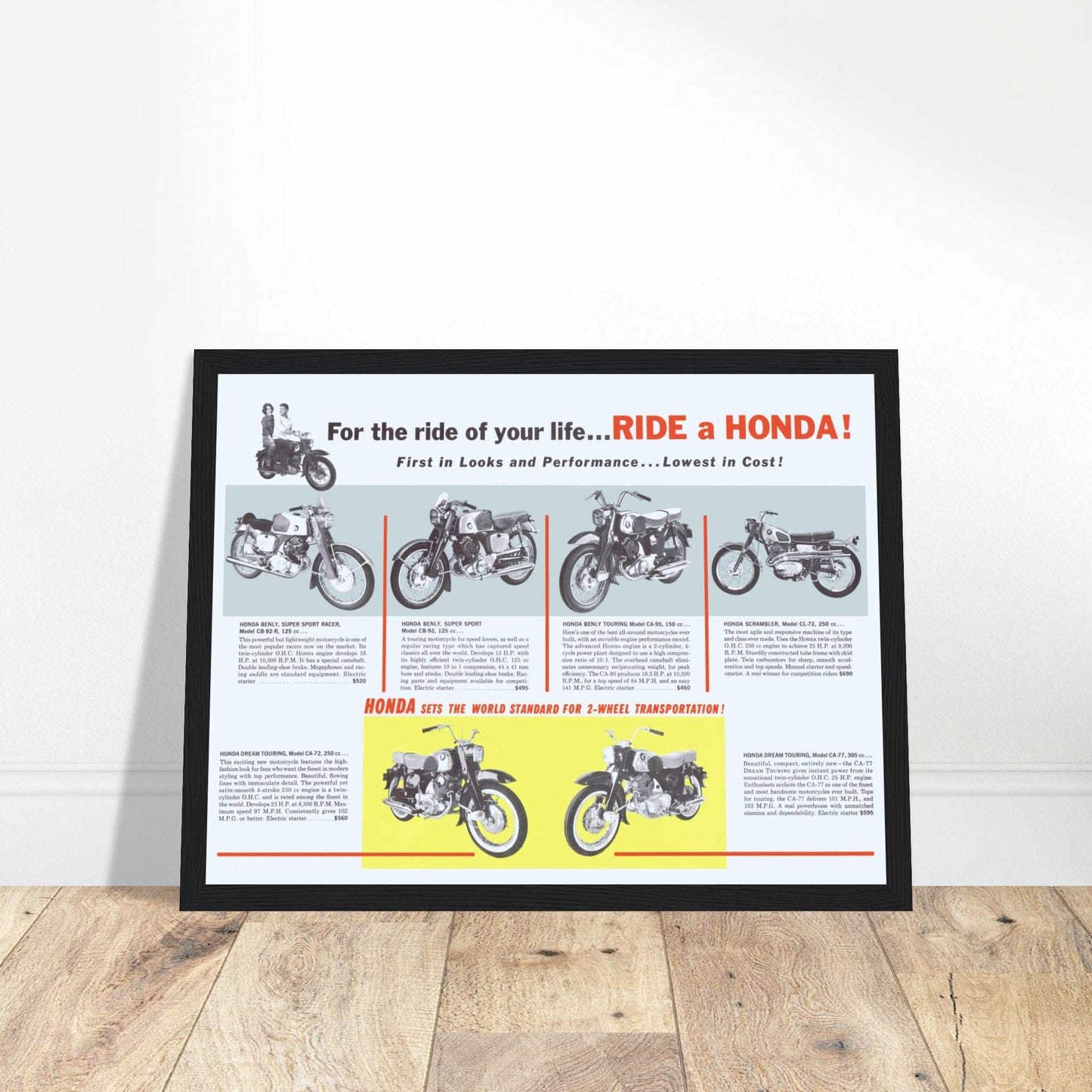 Discover the Honda poster featuring iconic models like Benly Super Sport CB-92 125cc, CB-92 125cc, CA-95 150cc Touring, CL-72 250cc Scrambler, and CA-72 250cc Touring. Perfect for motorcycle lovers. Shop now!