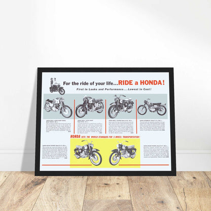 Discover the Honda poster featuring iconic models like Benly Super Sport CB-92 125cc, CB-92 125cc, CA-95 150cc Touring, CL-72 250cc Scrambler, and CA-72 250cc Touring. Perfect for motorcycle lovers. Shop now!
