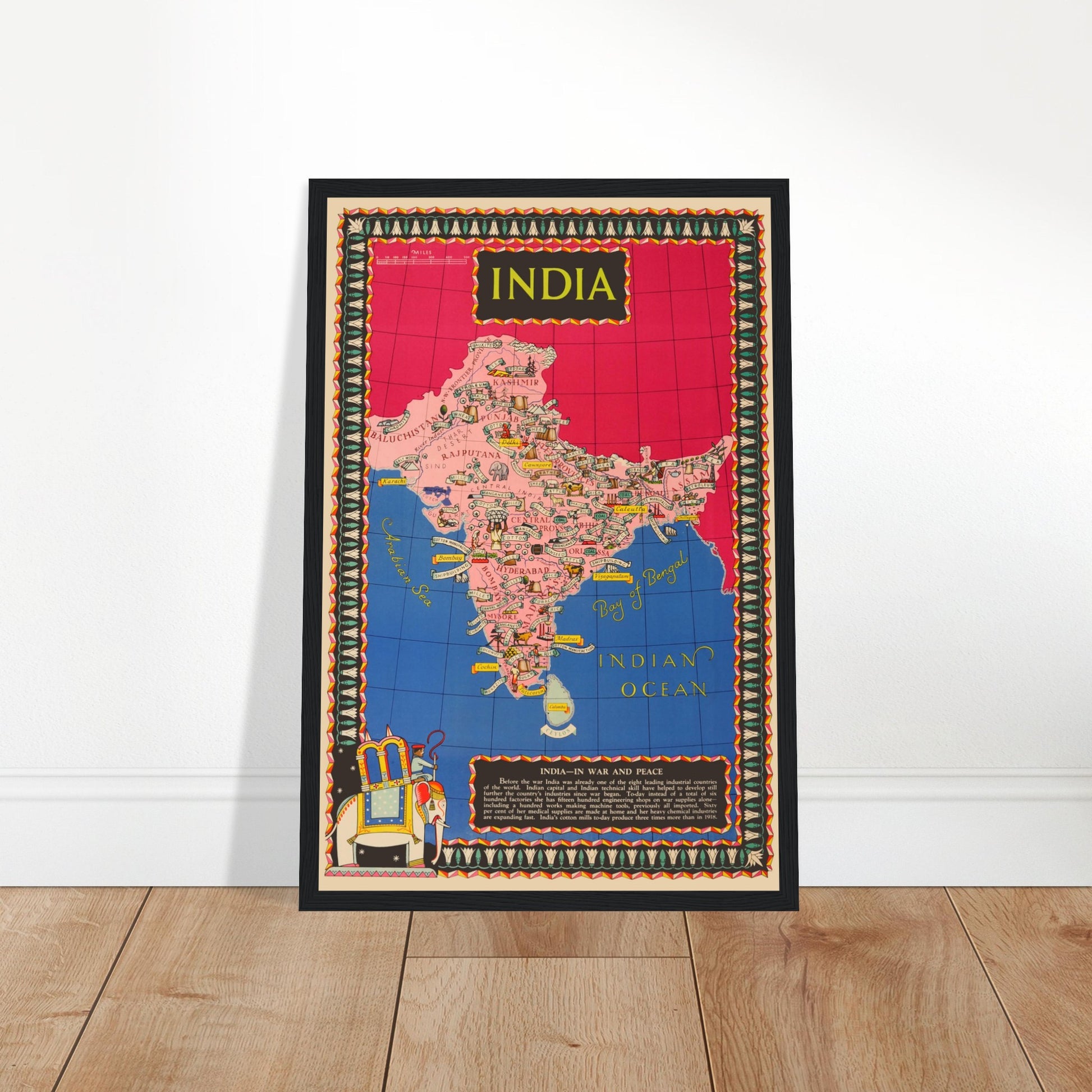 Vintage illustrated map of India with colorful regions and decorative borders, retro travel poster