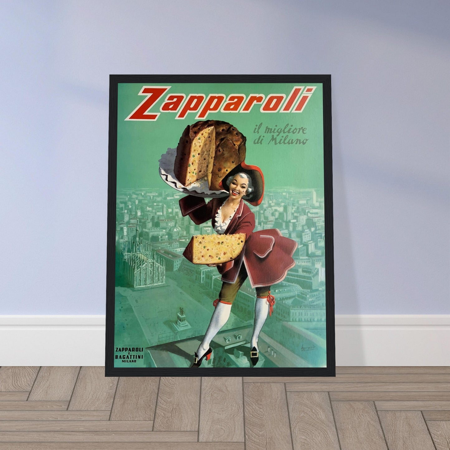 Vintage Italian Zapparoli panettone poster from Milan featuring retro advertising art — perfect wall decor for Italian design lovers.