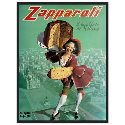 Vintage Italy food poster from Milan by Zapparoli Bagattini — elegant advertising artwork ideal for cafes, bakeries, and vintage decor.