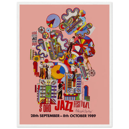 Rare 1980s vintage jazz poster from the Soho Jazz Festival 1989 in London. Vibrant pop art design with musicians and geometric patterns, ideal for modern home decor, cafés, or jazz-themed spaces.