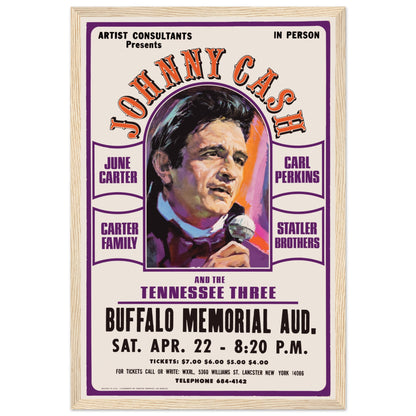 Vintage Johnny Cash wall art poster celebrating his legendary Buffalo performance and timeless outlaw country style.
