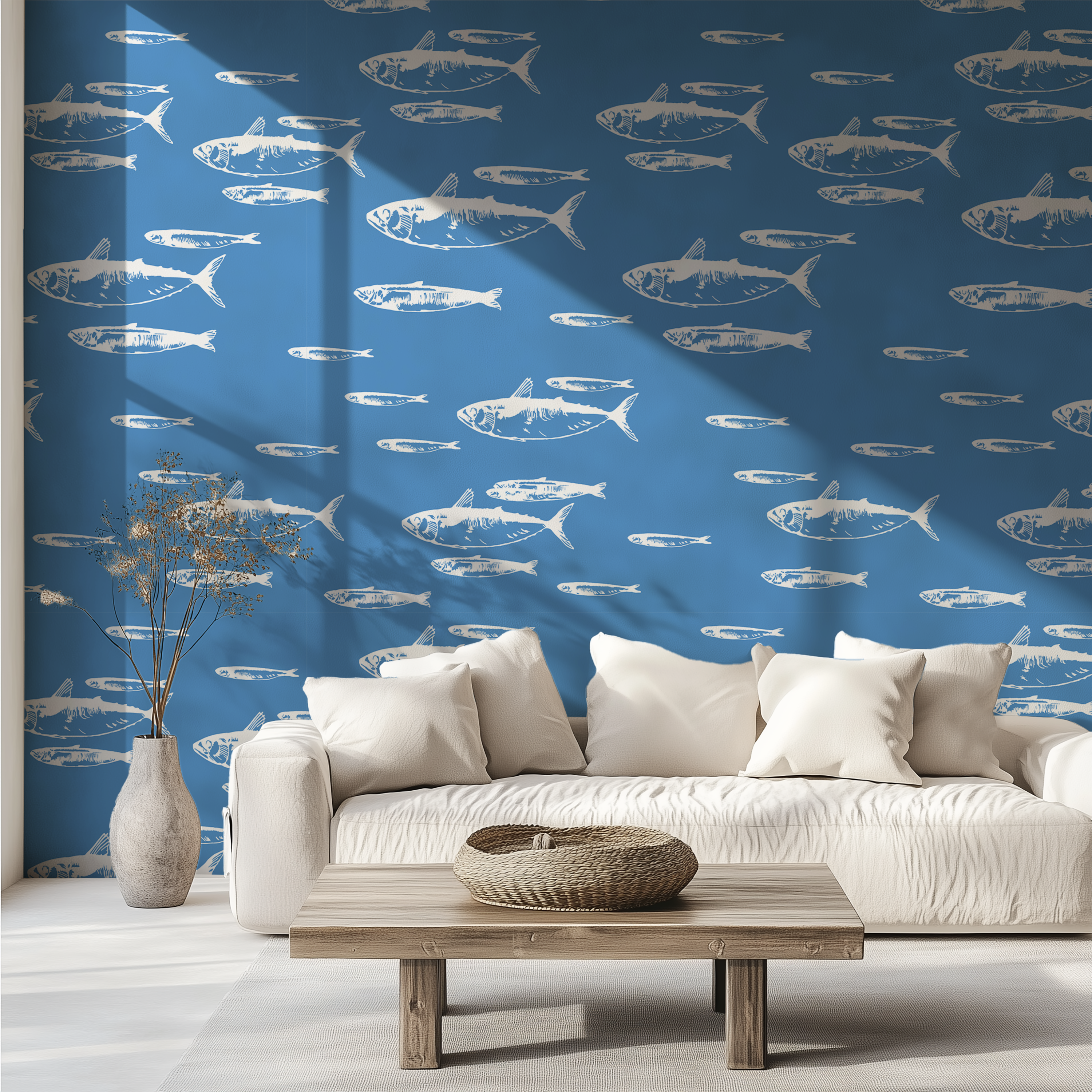 Marine wallpaper, illustrated fish wallpaper, coastal wallpaper, Mediterranean decor, ocean inspired wallpaper