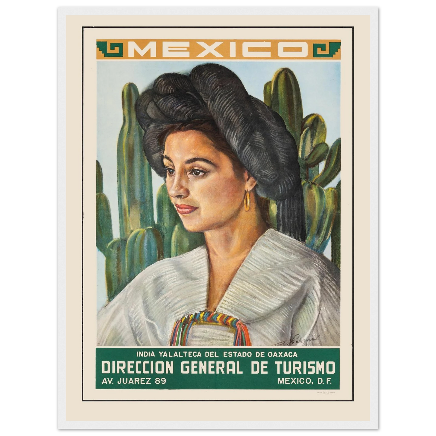 Vintage poster print of a Mexican woman, blending folk art influences and mid-century style for a warm, expressive wall accent.