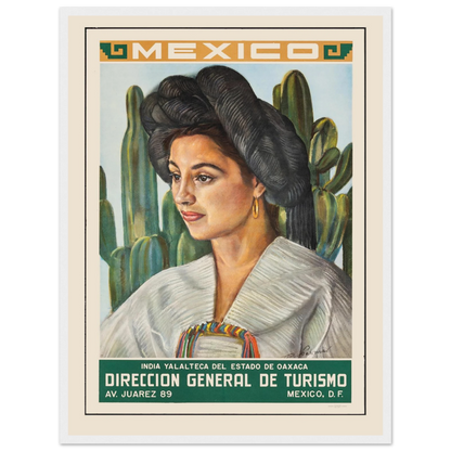 Vintage poster print of a Mexican woman, blending folk art influences and mid-century style for a warm, expressive wall accent.