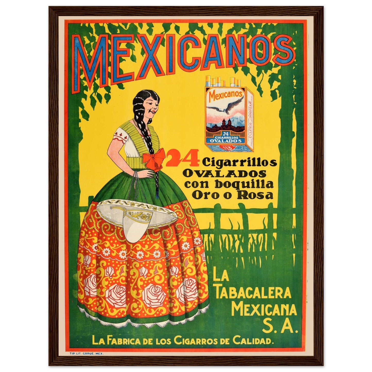 Vintage Mexican tobacco advertising poster print with bold retro design, ideal wall art for nostalgia and poster collectors.