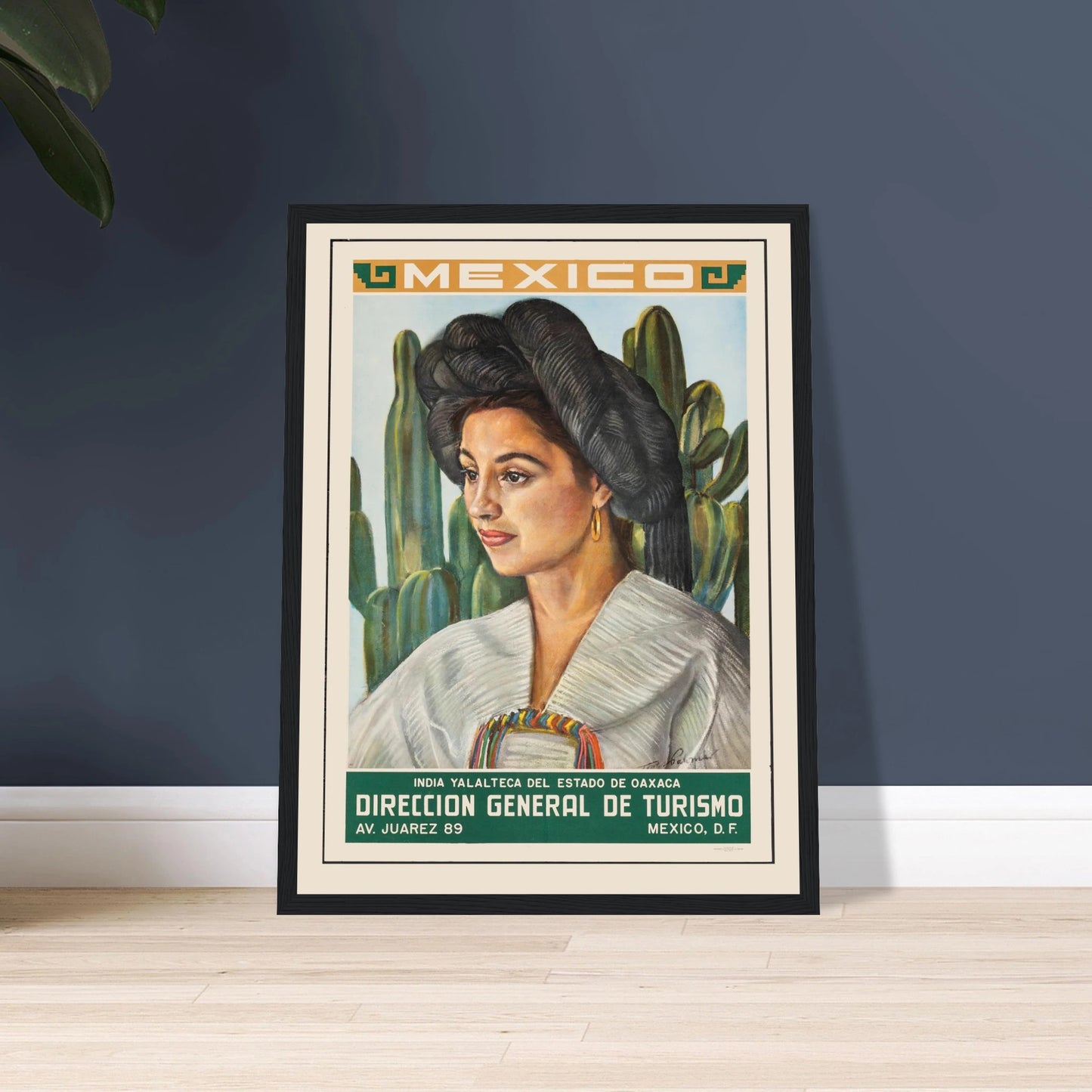 Vintage art poster of a Mexican woman in traditional dress, celebrating cultural beauty and heritage through vivid color and elegant detail.