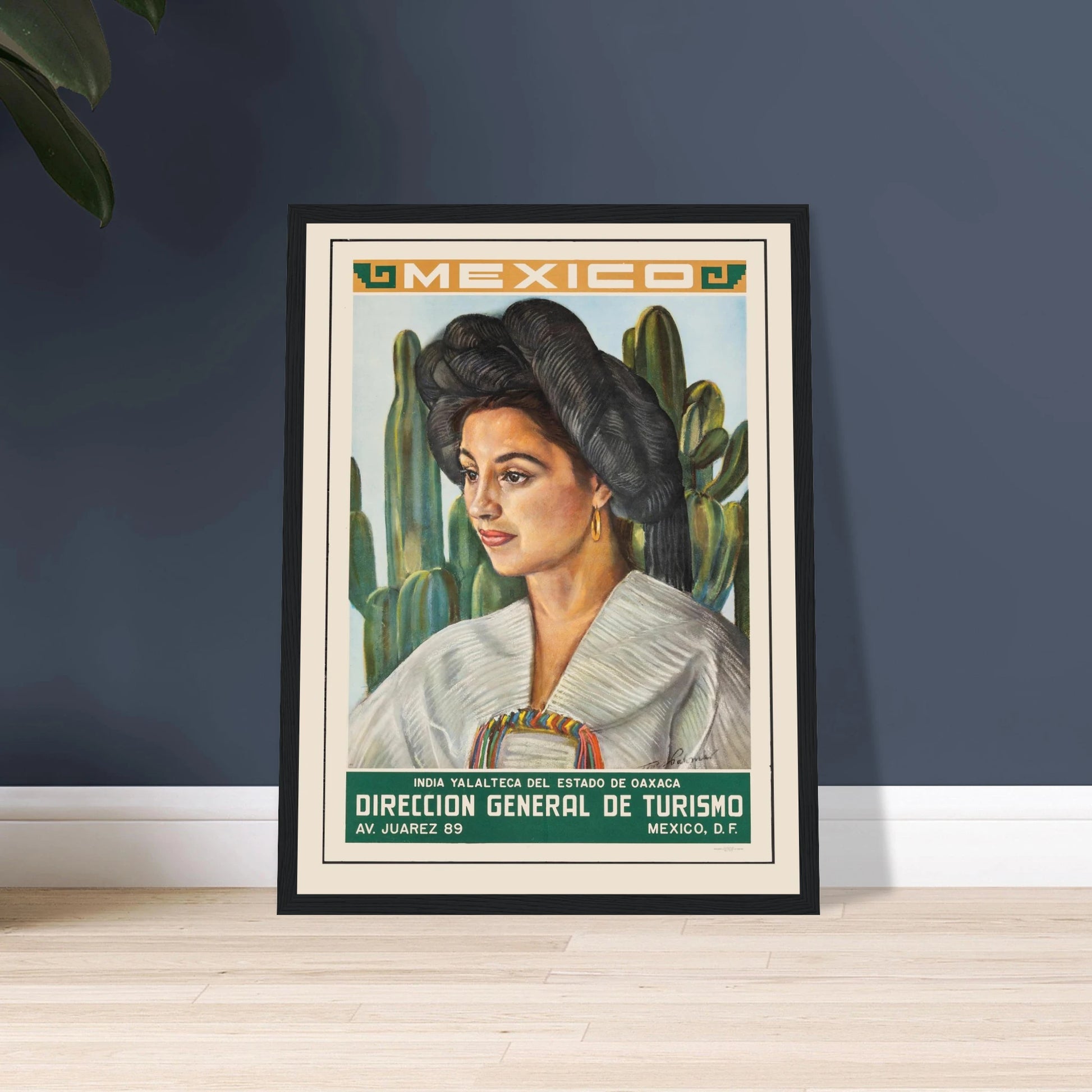 Vintage art poster of a Mexican woman in traditional dress, celebrating cultural beauty and heritage through vivid color and elegant detail.