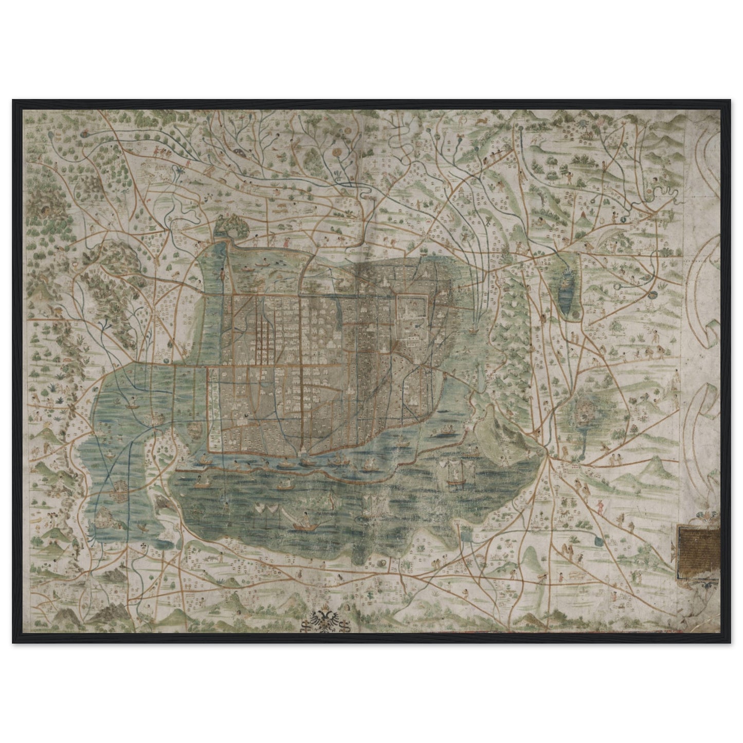 Vintage Mexico map poster with Aztec-inspired artwork and historic details, available framed or unframed for elegant decor.