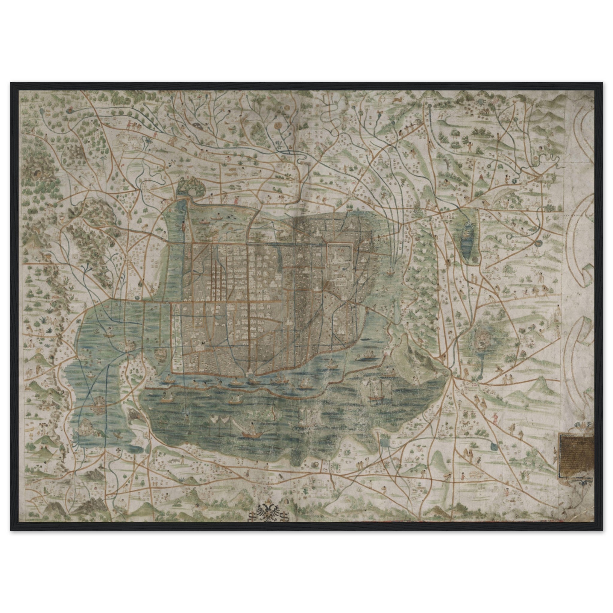 Vintage Mexico map poster with Aztec-inspired artwork and historic details, available framed or unframed for elegant decor.