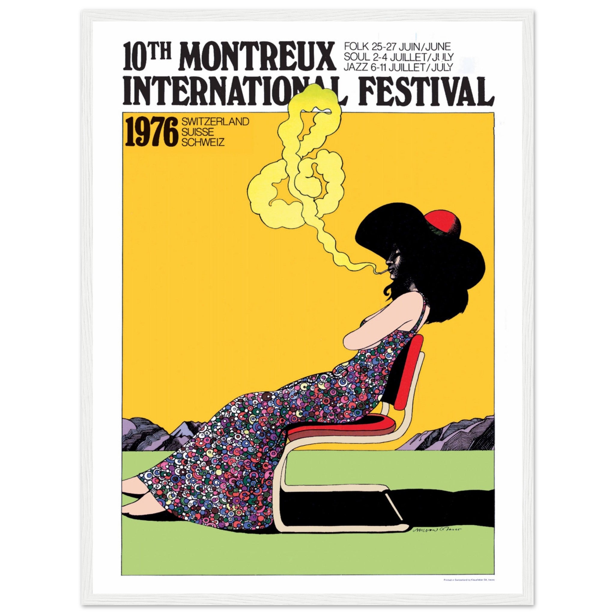Vintage 1970s Montreux festival poster from Switzerland showcasing bold colors and classic music festival artwork.
