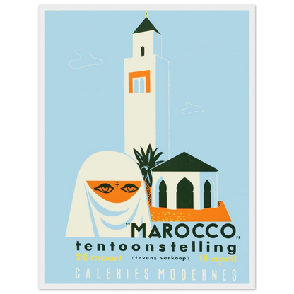 Vintage-style poster print of Moroccan desert landscapes and historic architecture, evoking adventure and the romance of travel.