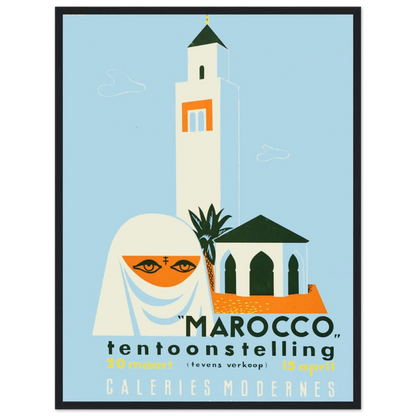 Vintage Morocco travel poster featuring desert scenery, Moroccan architecture, and vibrant colors that capture the golden age of world travel.