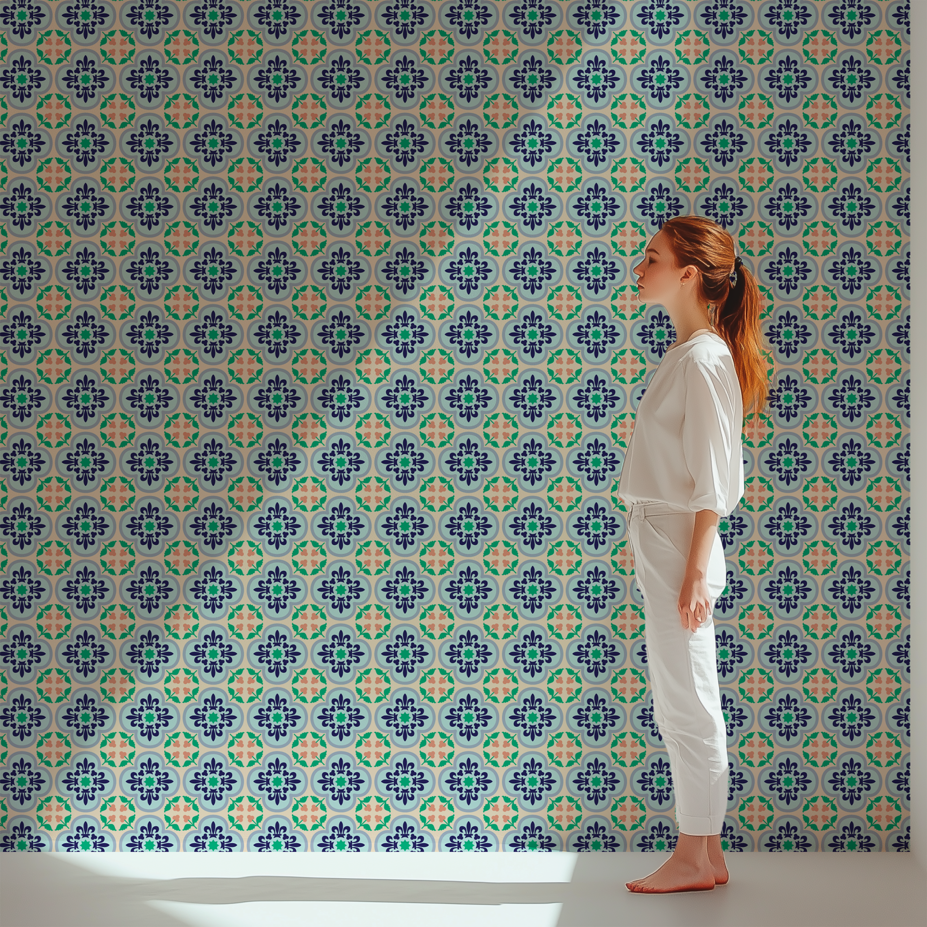 Vintage Portuguese azulejo wallpaper, multicolor tile wallpaper, Portuguese ceramic wallpaper, Mediterranean wallpaper, decorative tile wallpaper, premium wallpaper