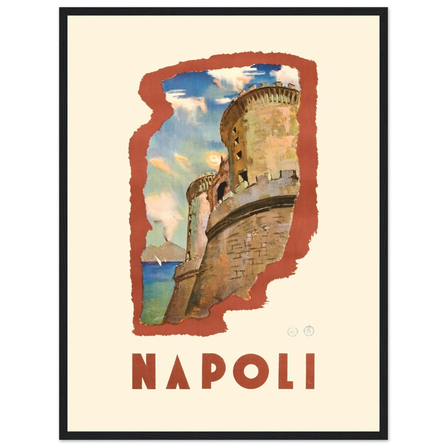 Vintage wall art print of Naples, Italy, highlighting the iconic Castel Nuovo and the timeless charm of mid-century travel posters.