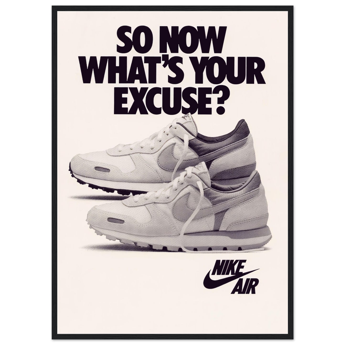 Vintage Nike Air sneaker art print inspired by 1980s advertising design, ideal decor for streetwear fans and retro interiors.