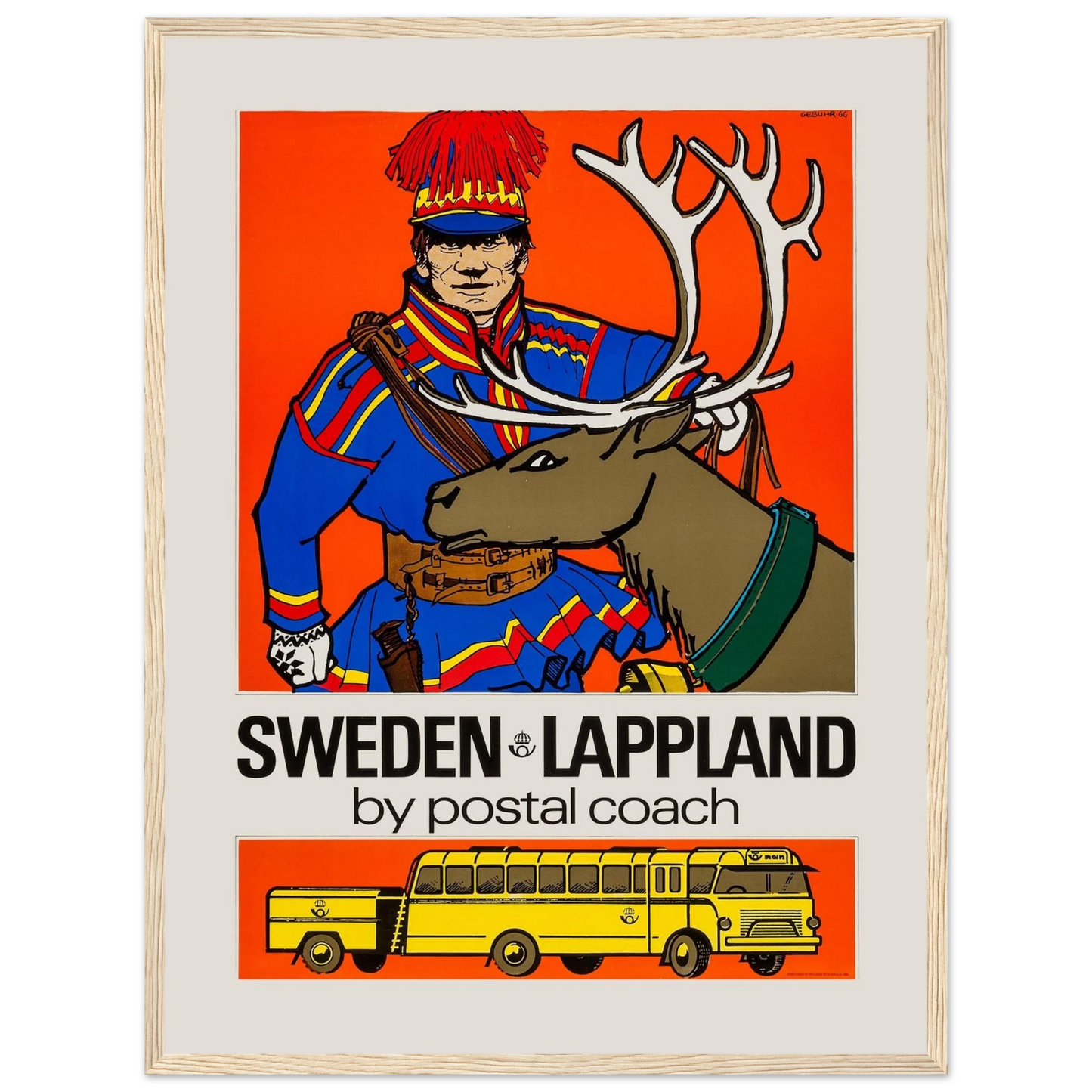 Vintage Nordic poster print showing a Lapland postman and elk in snow, symbolizing endurance and the beauty of Scandinavian design.