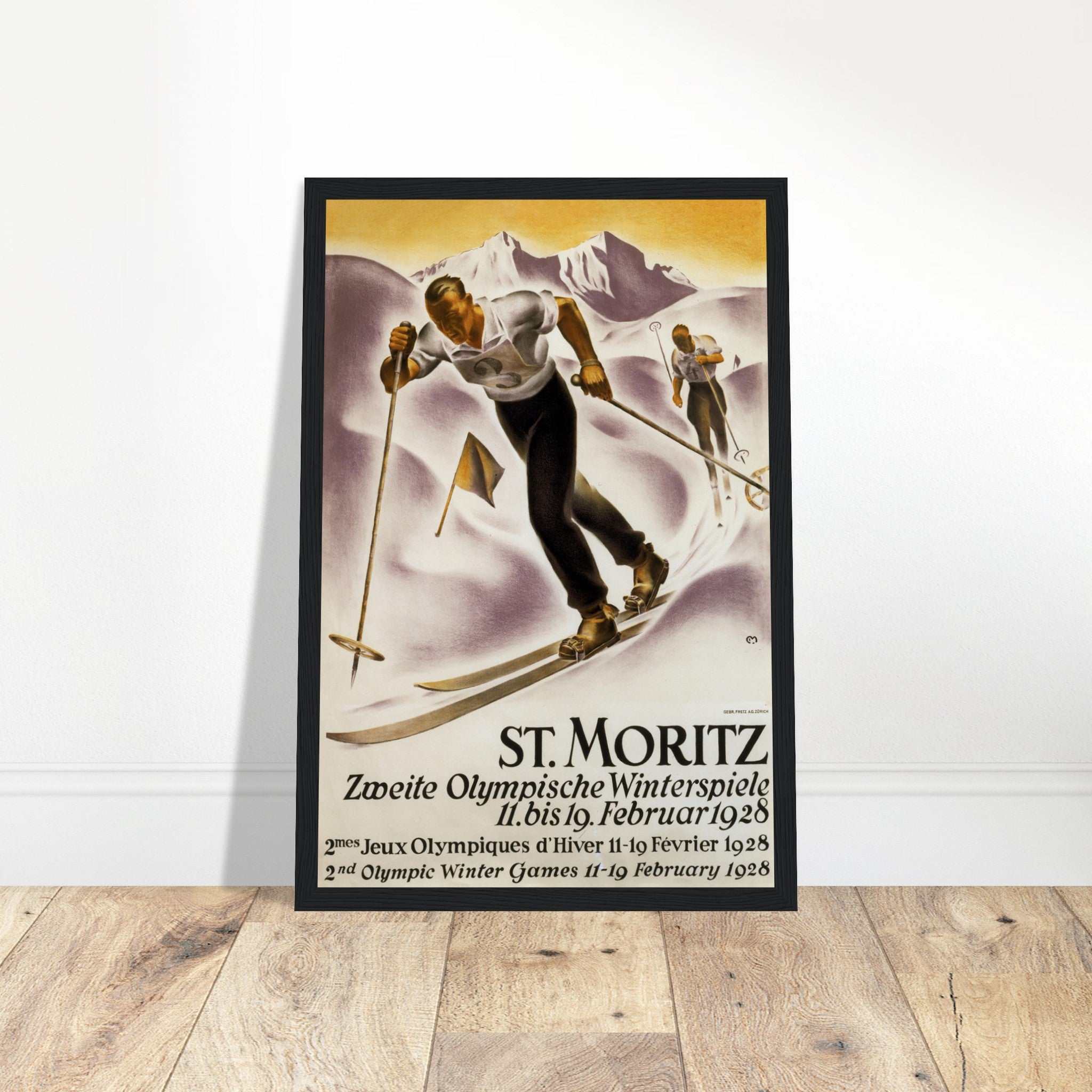Celebrate the 1928 Winter Olympics with this vintage cross-country skiing poster featuring St. Moritz. A must-have for winter sports fans and collectors. Shop now!