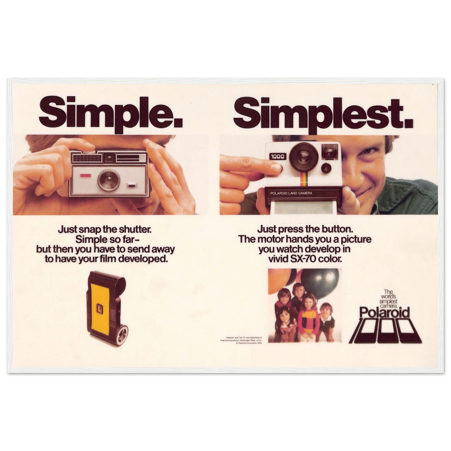 Vintage-style poster print of the Polaroid SX-70, a perfect gift for photographers and retro design collectors.