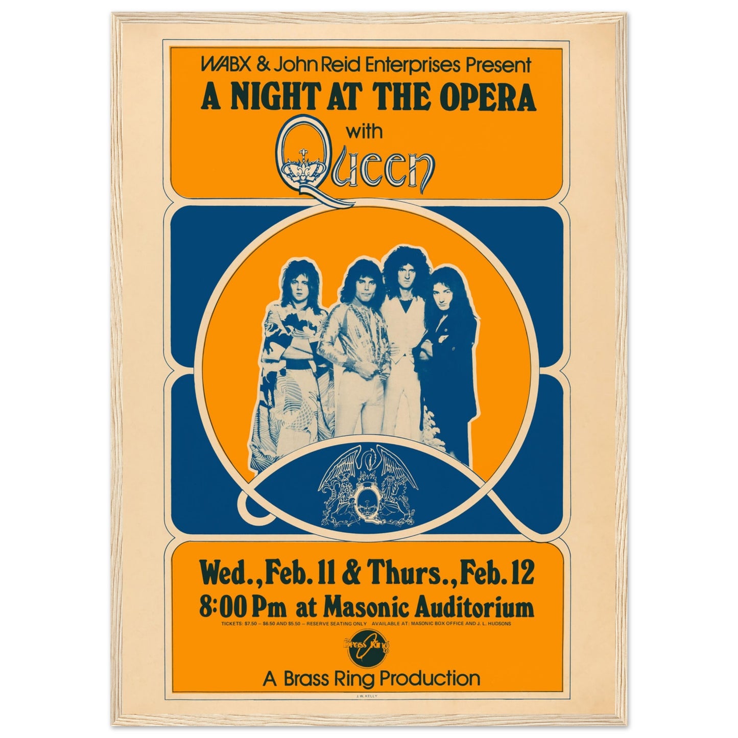 Vintage Queen rock poster print featuring the band’s A Night at the Opera era lineup — perfect for fans of Freddie Mercury and classic rock.