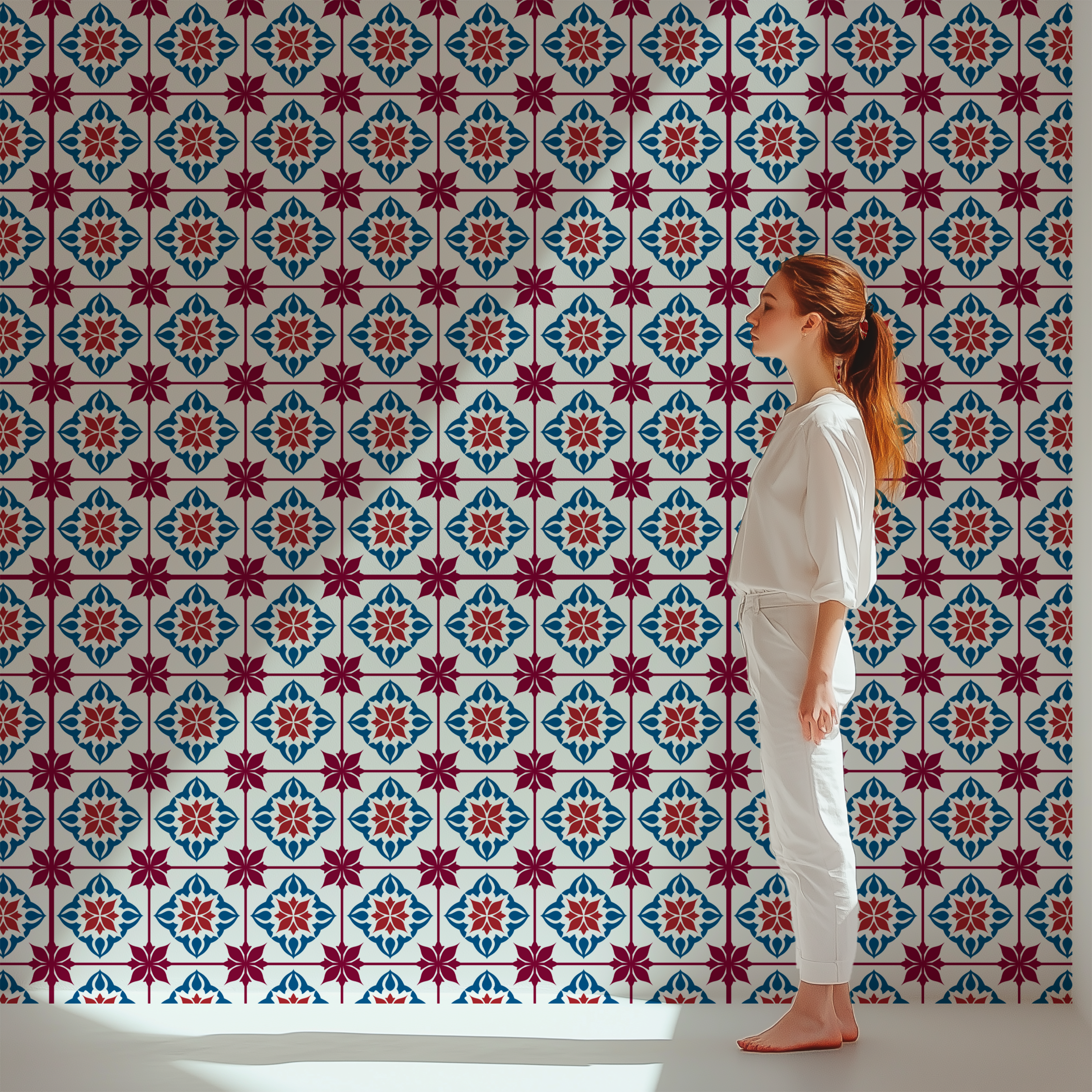Vintage Portuguese azulejo wallpaper, red blue tile wallpaper, Portuguese ceramic wallpaper, Mediterranean wallpaper, decorative tile wallpaper, premium wallpaper