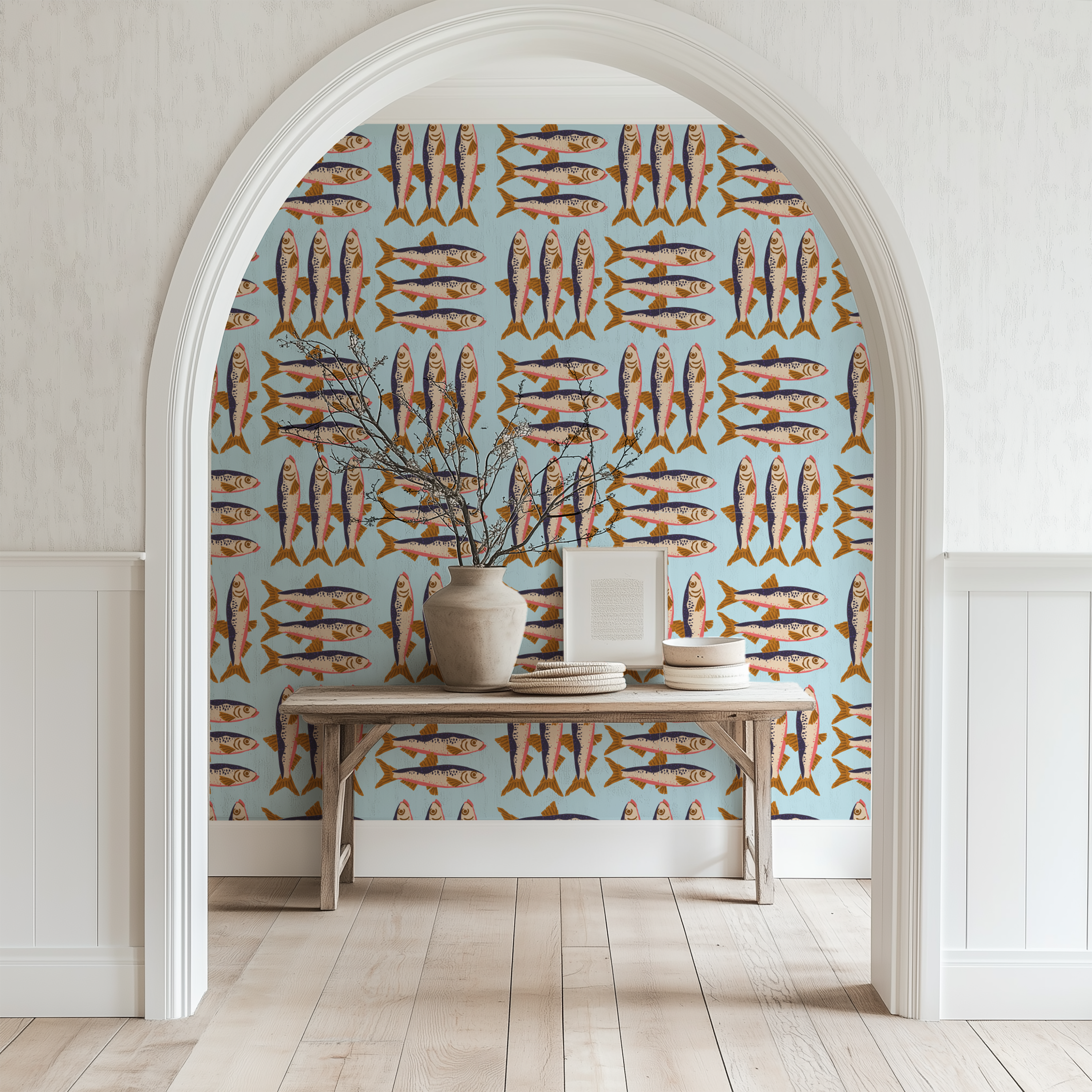 Vintage sardine wallpaper, Mediterranean wallpaper, fish wallpaper, coastal wallpaper, nautical wallpaper, seafood wallpaper, kitchen wallpaper