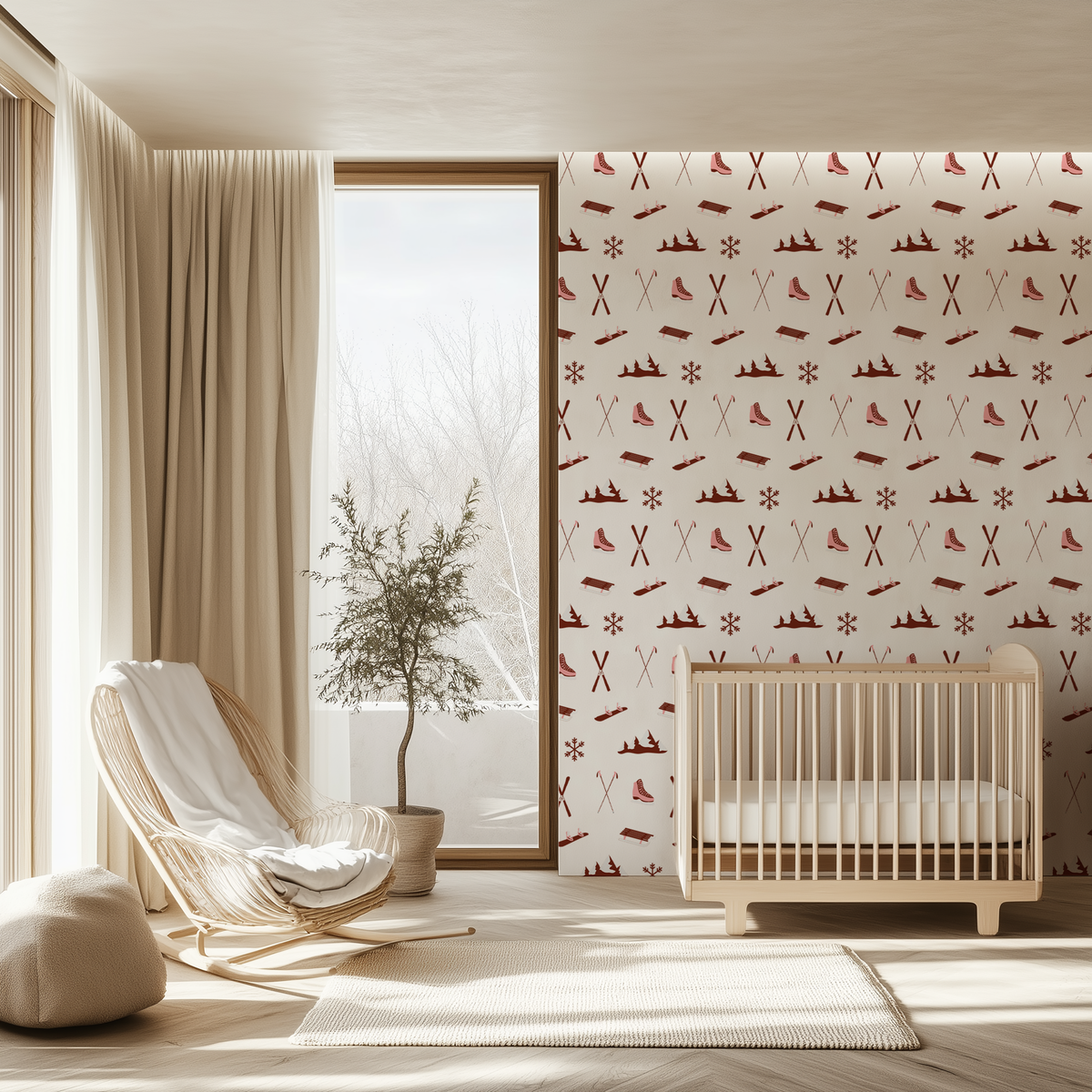 Vintage ski wallpaper with red winter sports motifs on a neutral background
