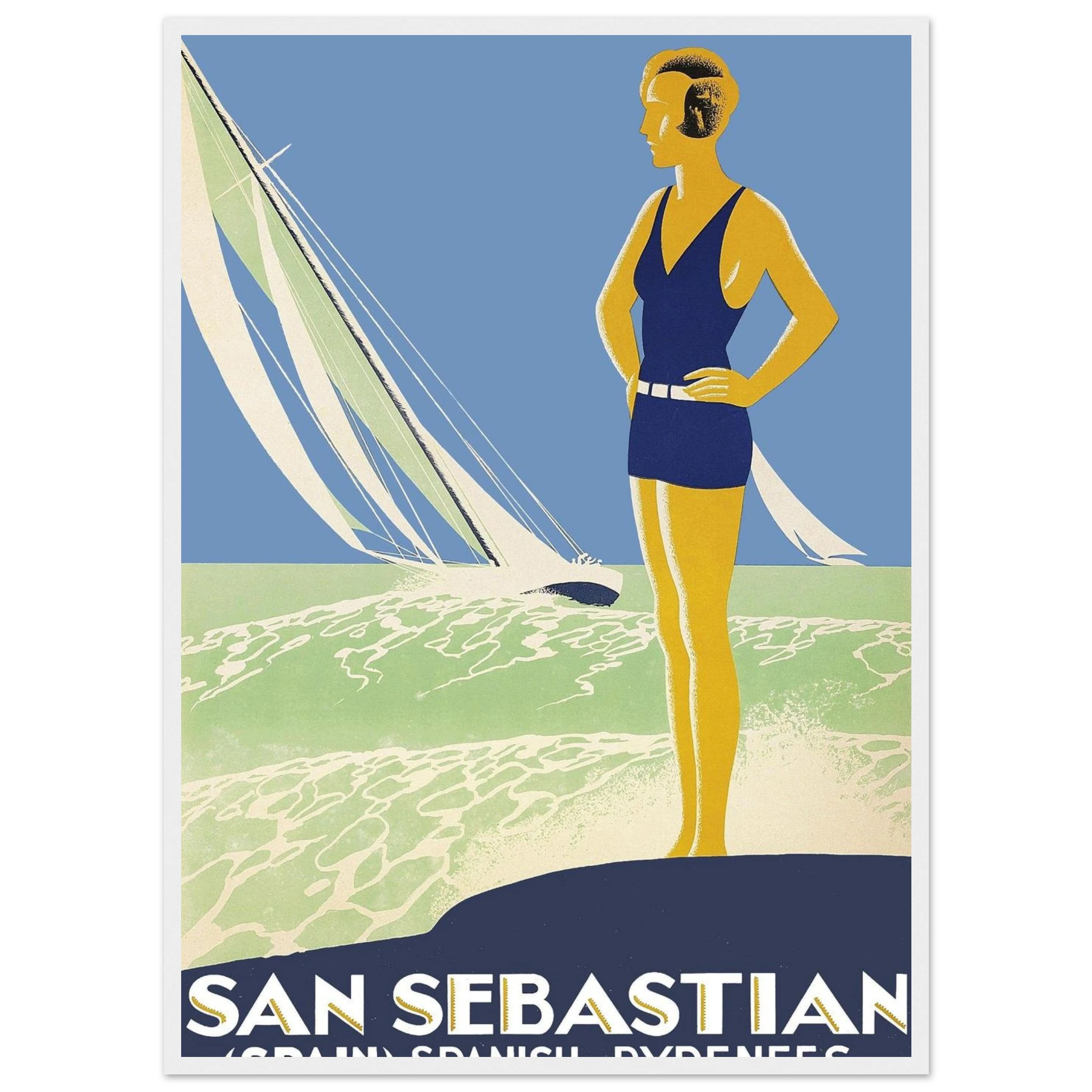 Vintage Spanish coastal wall art depicting San Sebastián’s serene waterfront, ideal decor for beach houses and Mediterranean interiors.