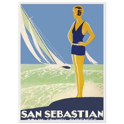 Vintage Spanish coastal wall art depicting San Sebastián’s serene waterfront, ideal decor for beach houses and Mediterranean interiors.