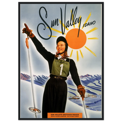 Vintage travel poster of Sun Valley, blending elegant 1950s ski style with crisp mountain imagery and nostalgic winter vibes.