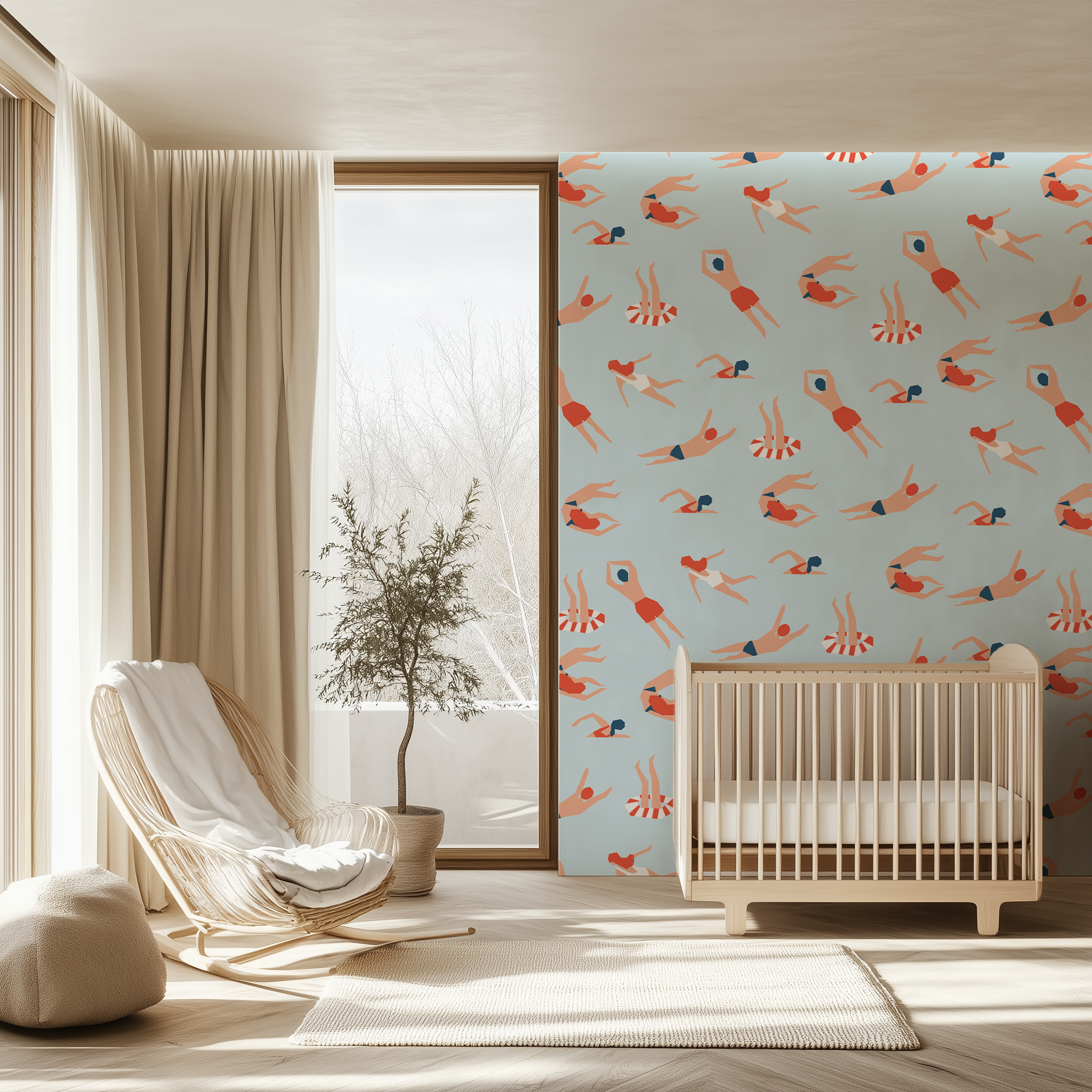Vintage swimming wallpaper with playful retro swimmers and summer motifs.