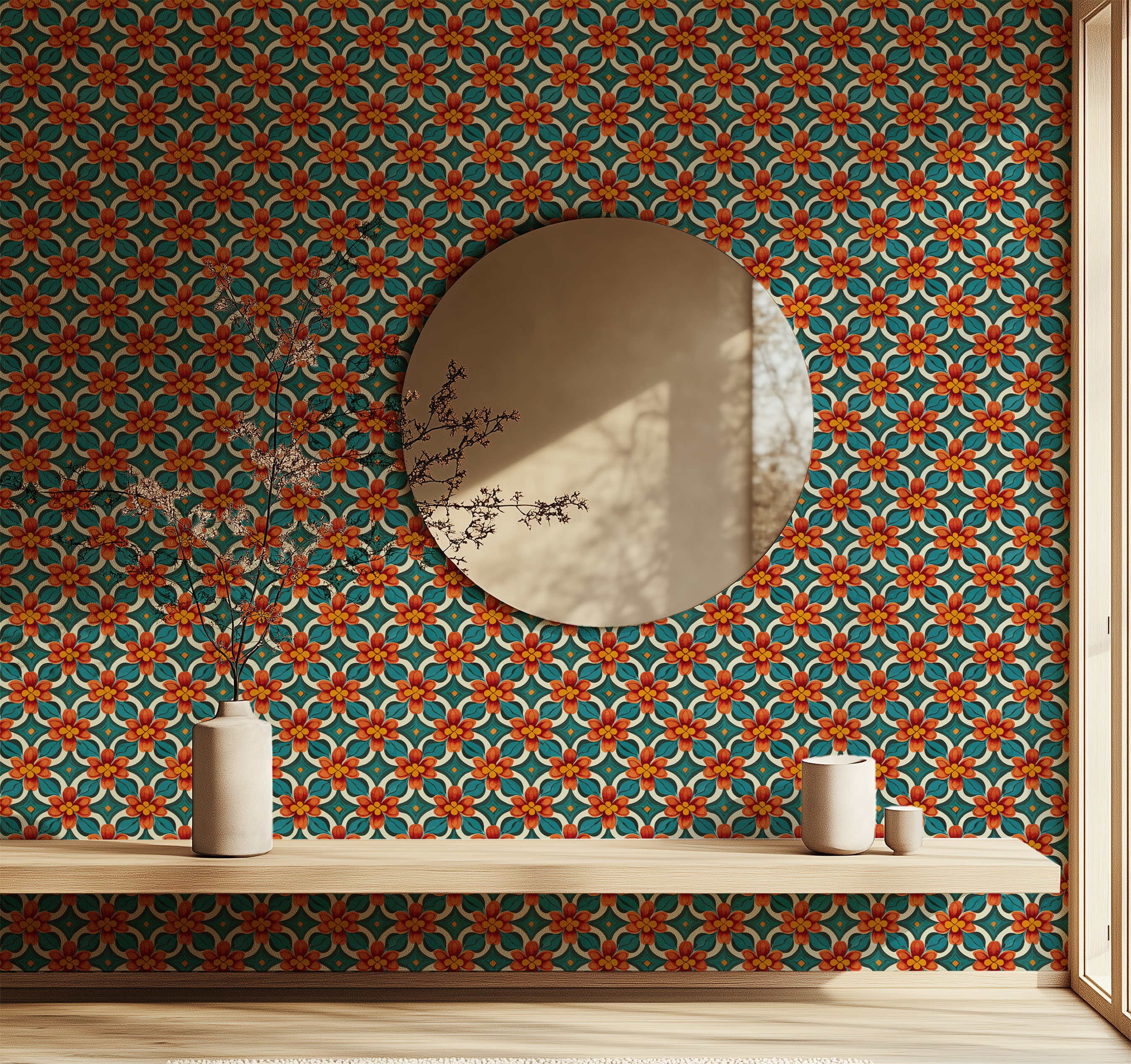 Vintage tile wallpaper, terracotta wallpaper, azulejo pattern wallpaper, Mediterranean wallpaper, decorative wall covering