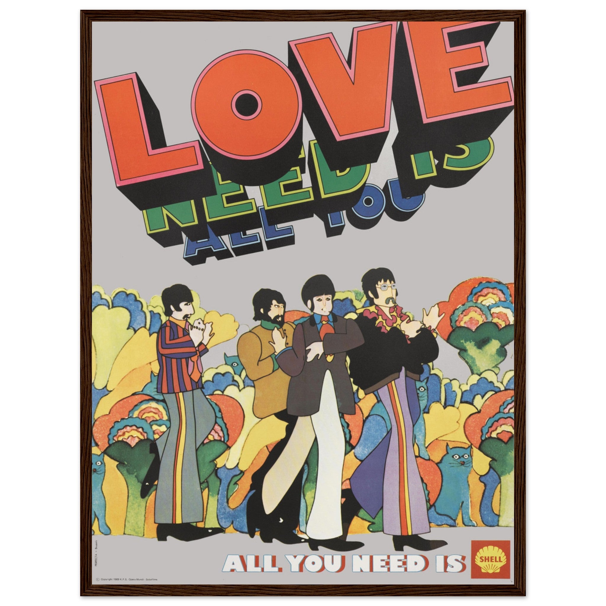 Vintage Beatles poster celebrating “All You Need Is Love” — classic music artwork from the psychedelic rock era.