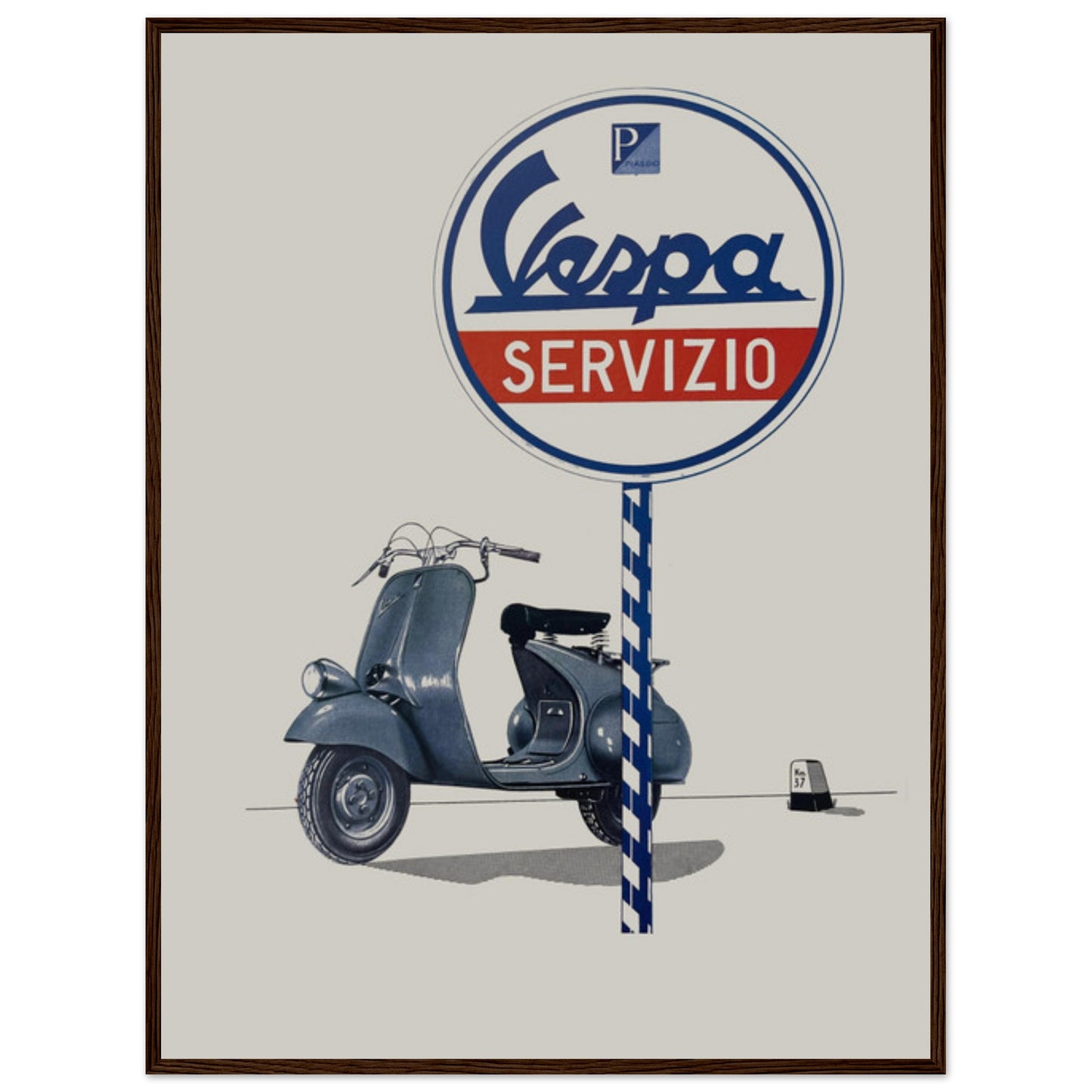 Vintage art print of a Vespa scooter ad, capturing Italian elegance and 1950s design flair for wall decor.