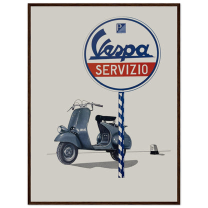 Vintage art print of a Vespa scooter ad, capturing Italian elegance and 1950s design flair for wall decor.