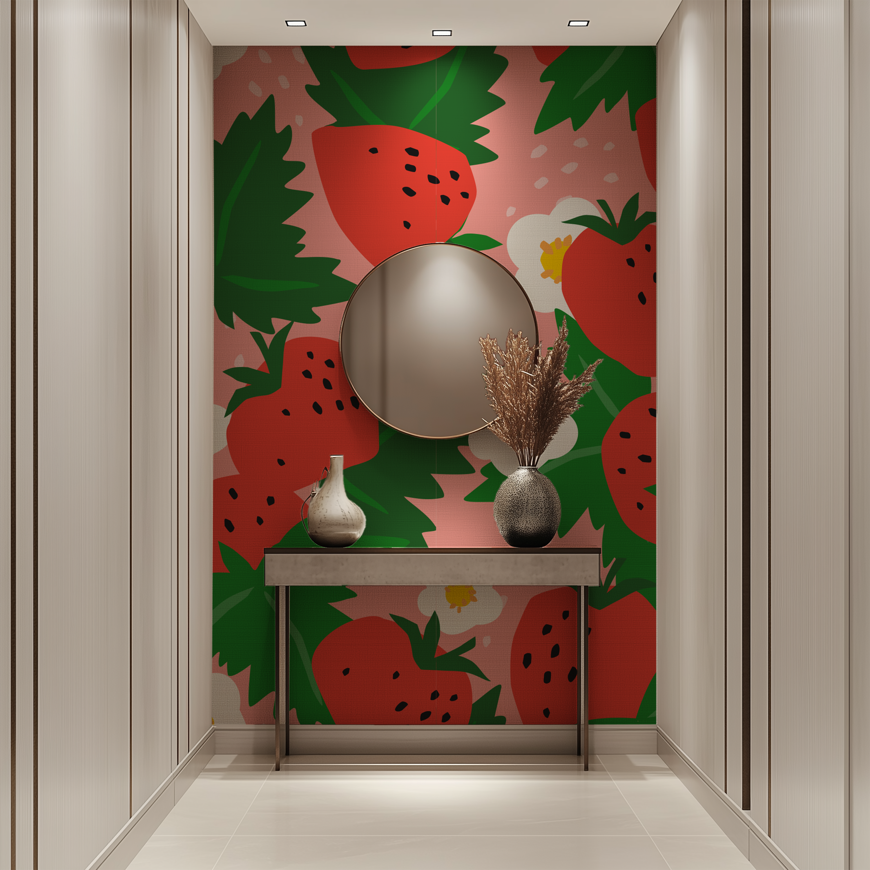 A styled interior hallway featuring a bold strawberry and green leaf patterned wallpaper on the back wall, with a round mirror, a small console table, two vases, and dried grass stems.