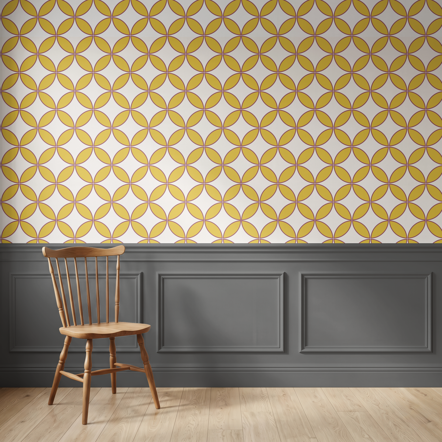 Yellow and white geometric patterned wallpaper with a dark gray wainscoted wall and a wooden spindle-back chair in the foreground.