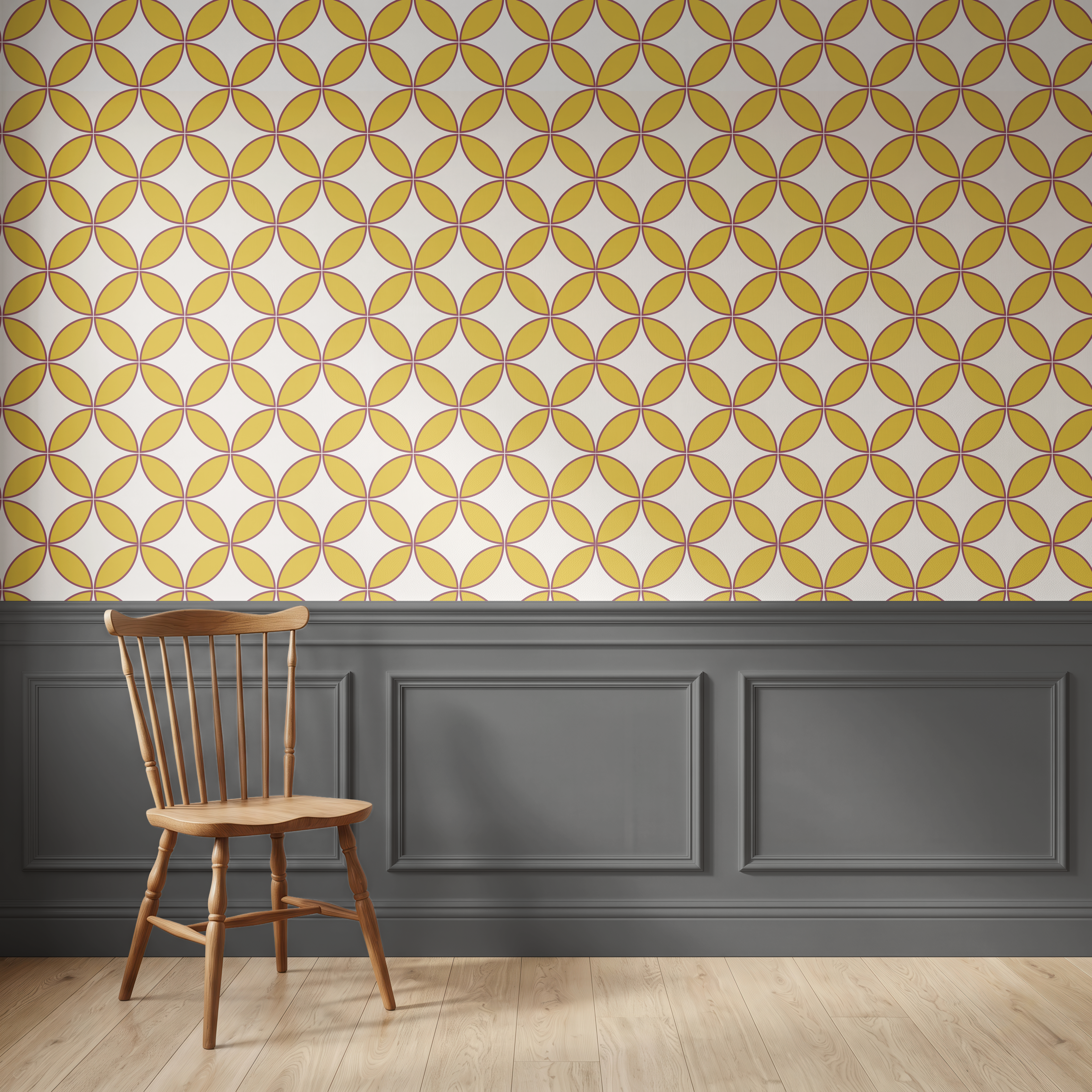 Yellow and white geometric patterned wallpaper with a dark gray wainscoted wall and a wooden spindle-back chair in the foreground.