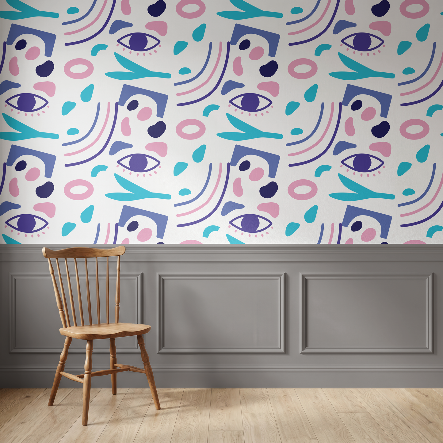 Colorful abstract geometric wallpaper with pink blue turquoise and purple shapes above wall panelling