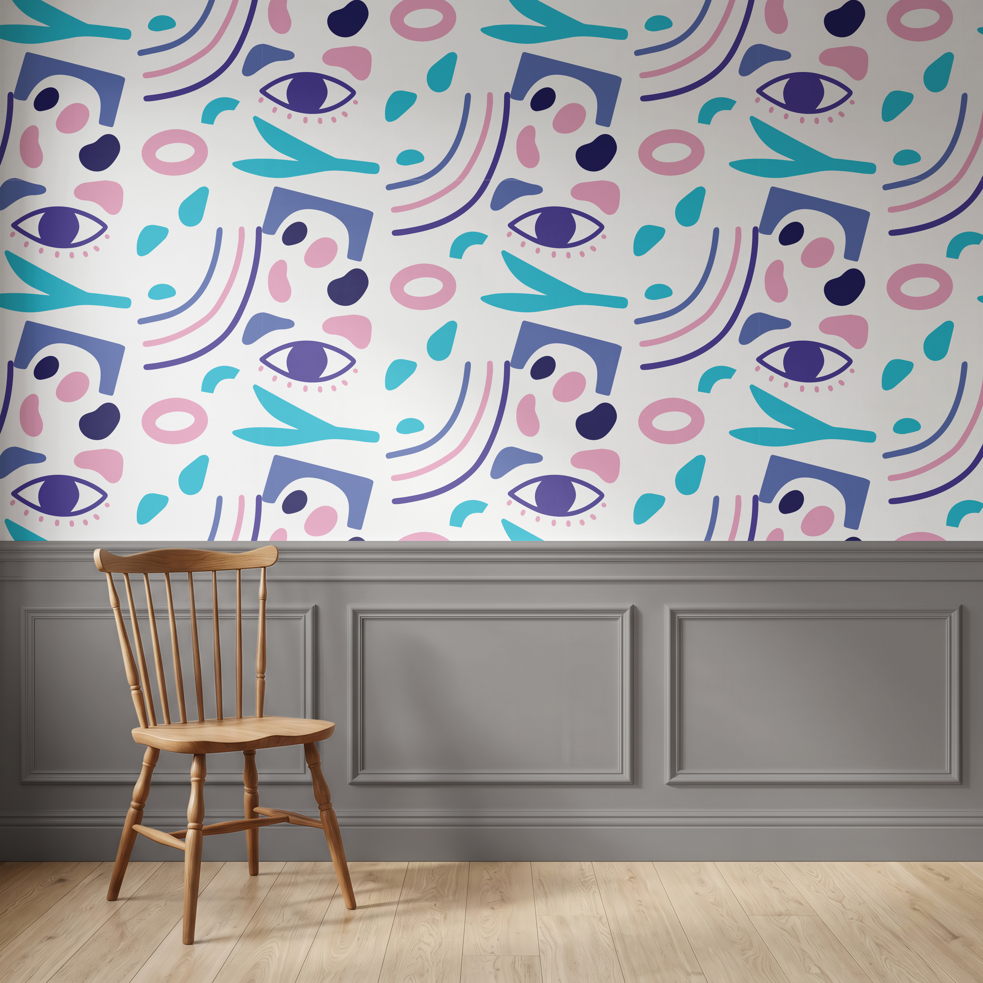 Colorful abstract geometric wallpaper with pink blue turquoise and purple shapes above wall panelling