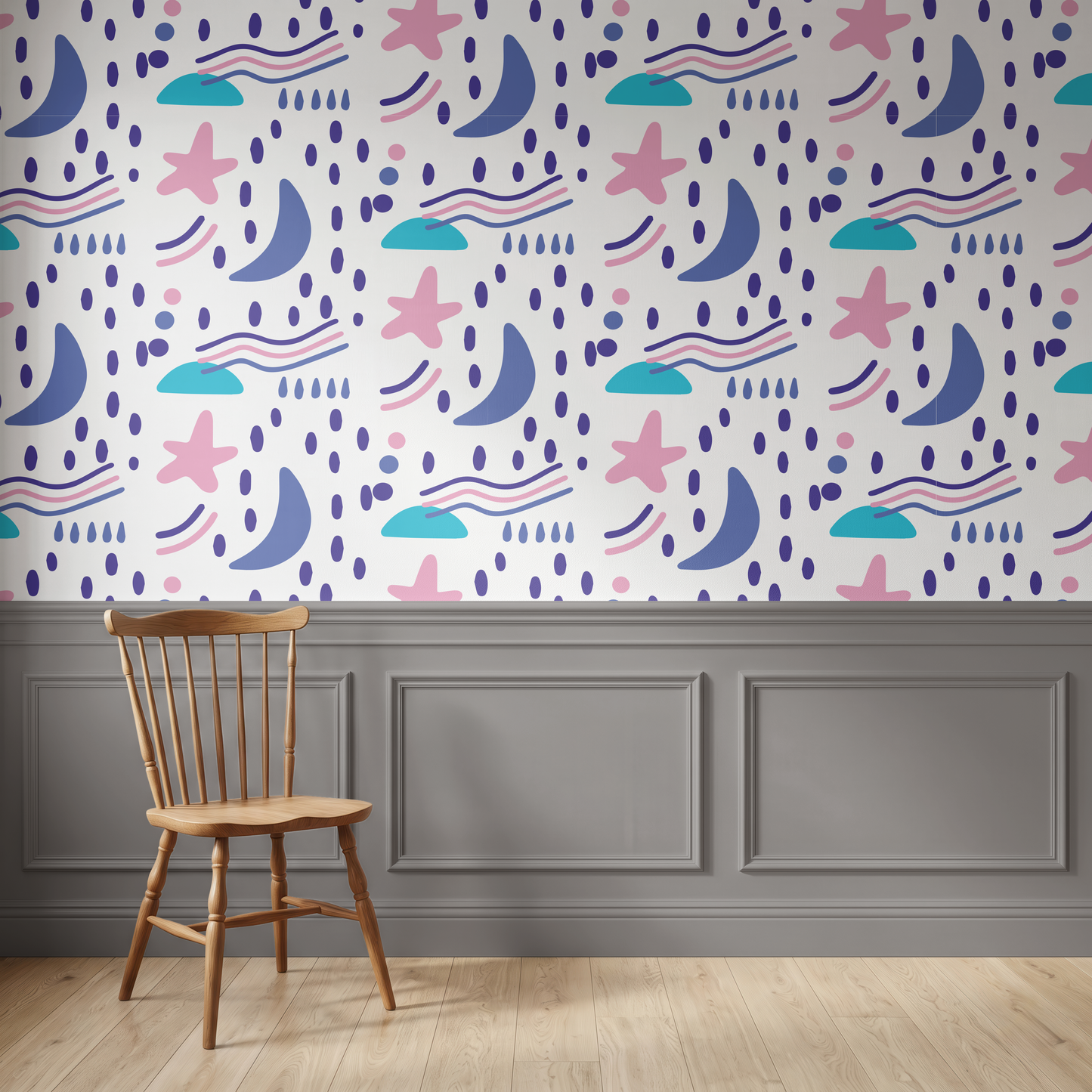 Colorful celestial wallpaper with pink stars blue crescent moons and abstract shapes above wall panelling